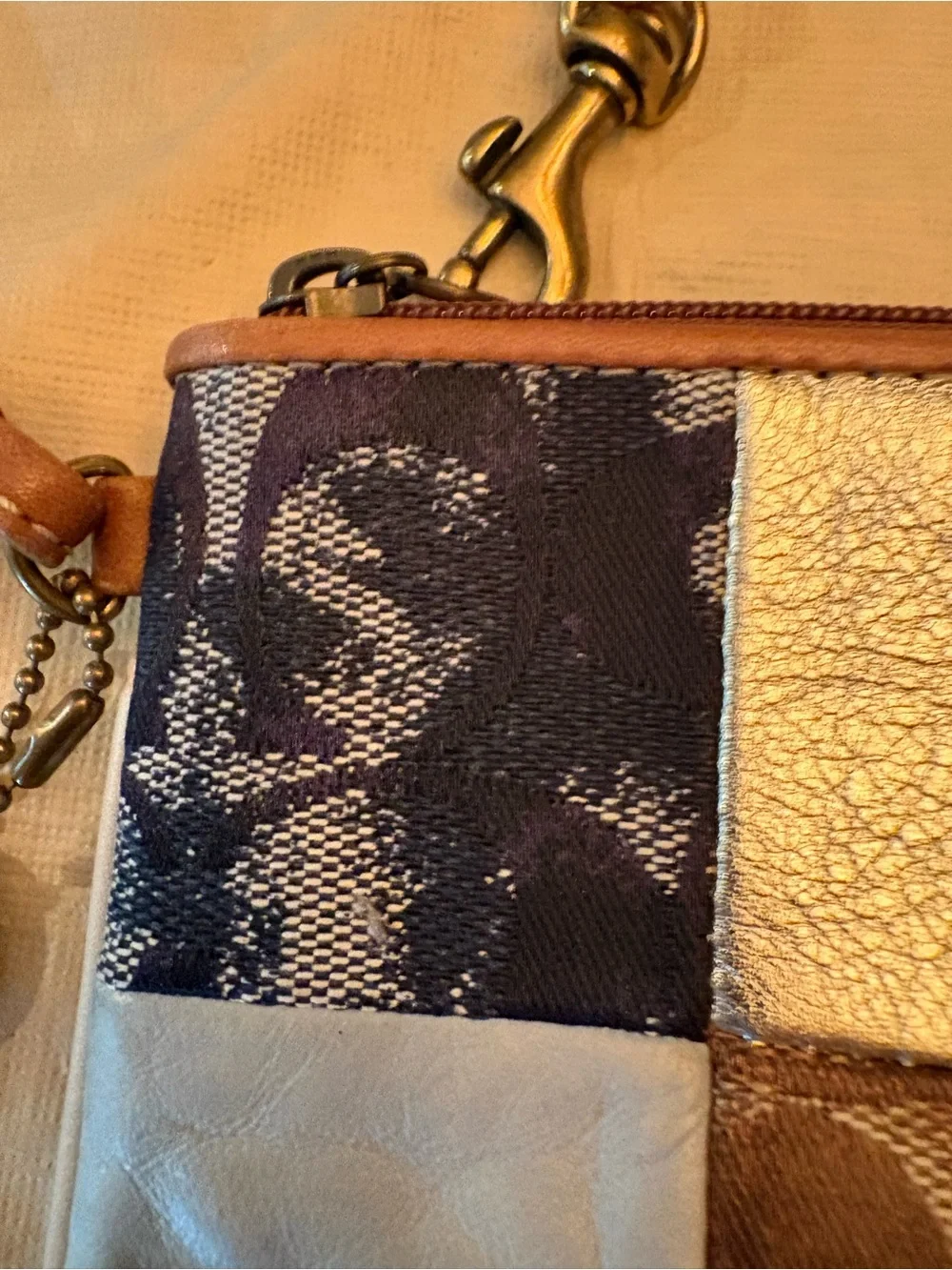 Coach Patchwork Wristlet in Brown, Tan & Gold Accents